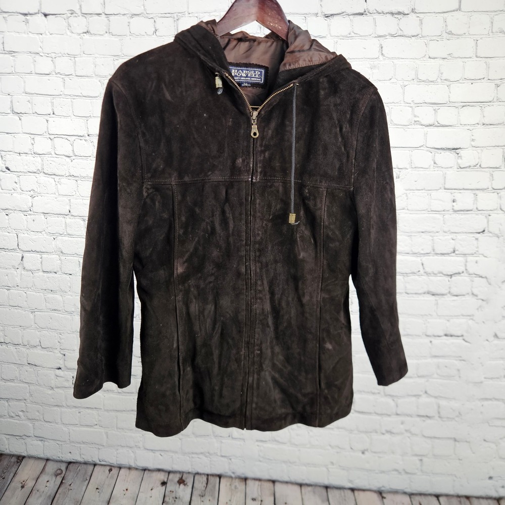 Harold Powell Brown Suede Leather Hooded Jacket Full Zip Womens Medium